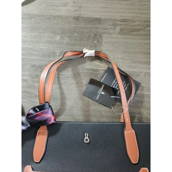 London Fog Black & Tan Brown Handbag Shoulder Bag New Vegan Leather - Picture 5 of 10